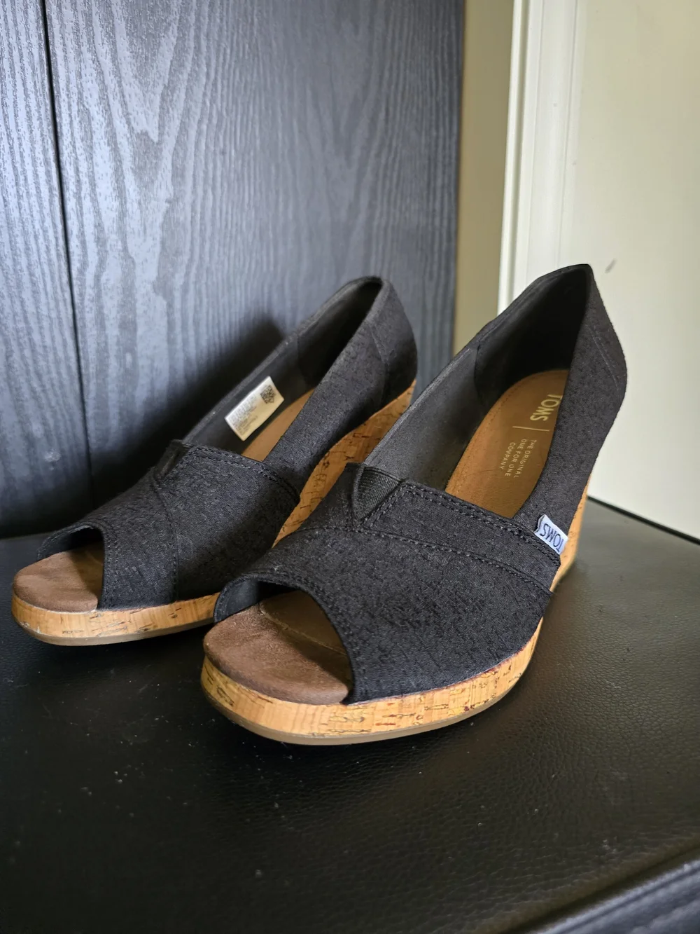TOMS Black Cork Wedge Peep-Toe Shoes